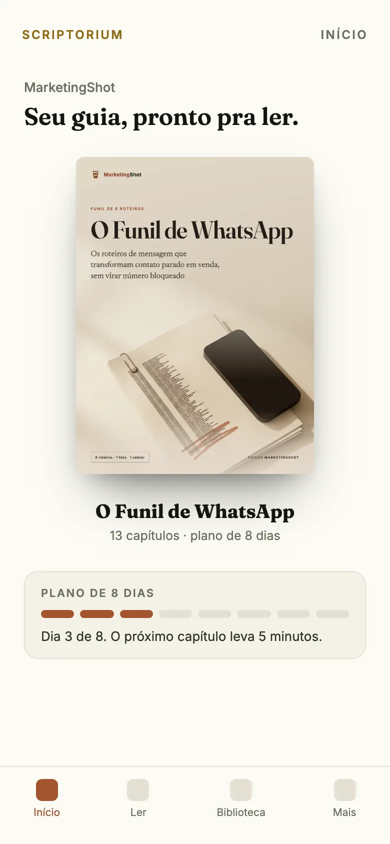 Capa do app: o ebook O Funil de WhatsApp aberto na tela Início, com o plano de 8 dias