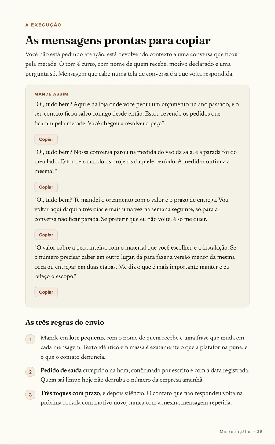 Falas prontas: A mensagem exata pra copiar, sempre com o nome de quem recebe e uma pergunta só